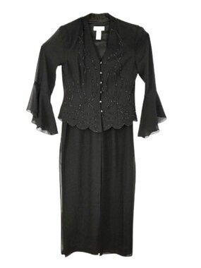 Women’s Black Beaded Pantsuit Wide Leg Formal Set Size 8